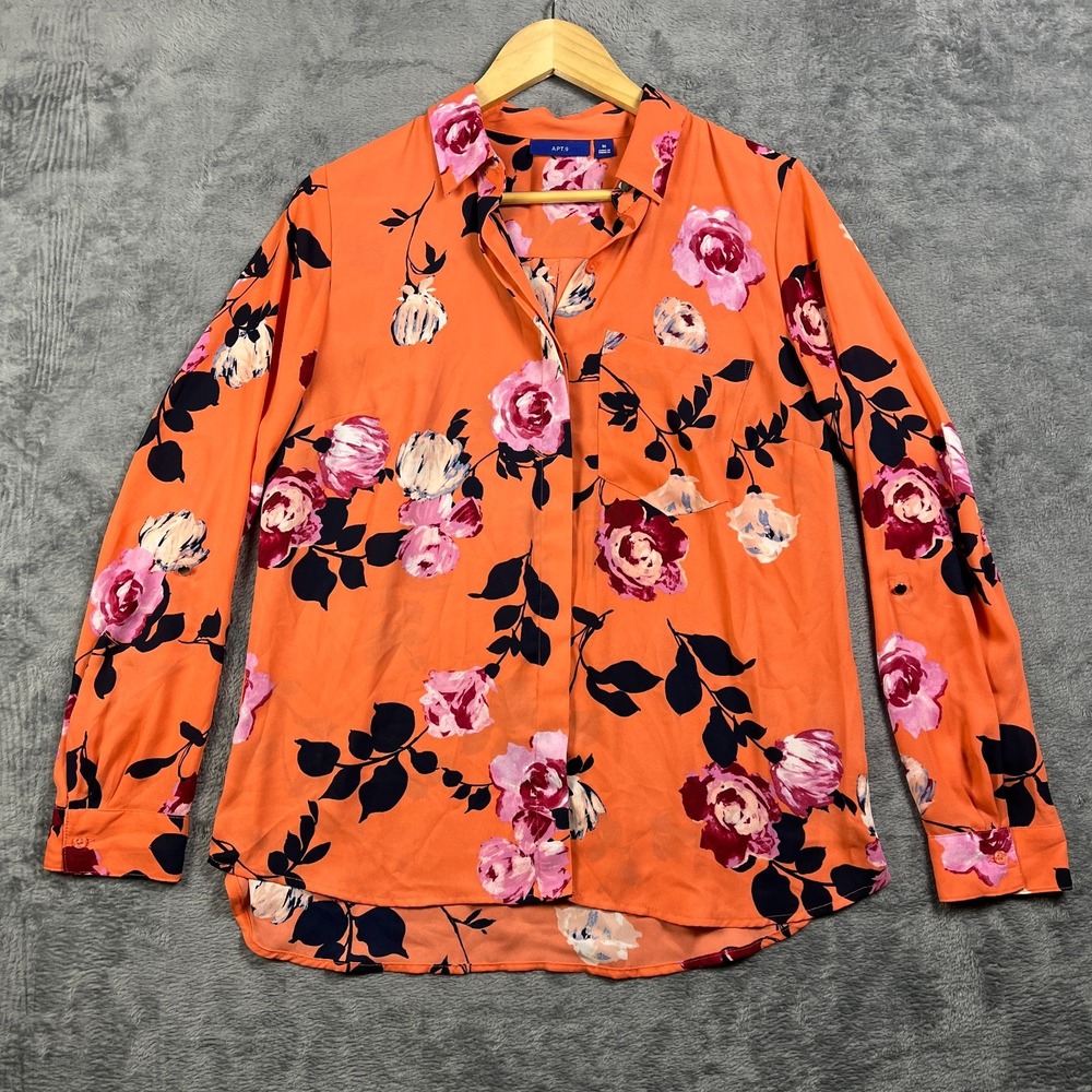 Apt. 9 Shirt Womens Medium Orange Floral Back Box Roll Tab Sleeve Button Up